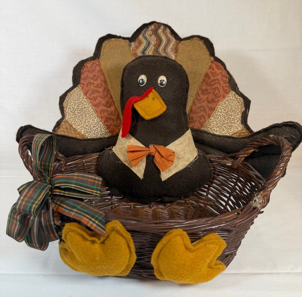 Vintage Handmade Turkey Basket Thanksgiving Decor Primitive Turkey Wicker Basket
